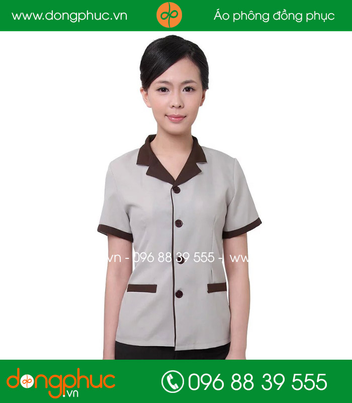 đồng phục vệ sinh màu ghi cổ nâu